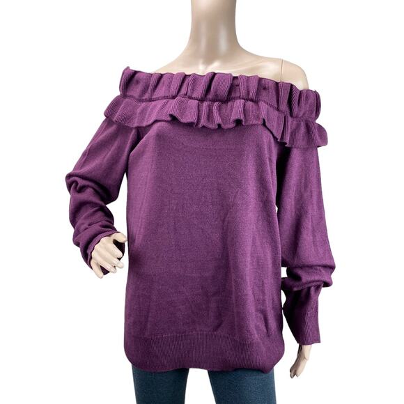 Collective Concepts Women Burgundy Knitted Ruffle Off The Shoulder Sweater Top L - Picture 1 of 5